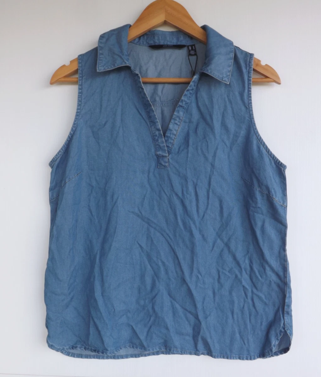New Vero Moda Top M Womens Blue Chambray Collar Sleeveless Shirt