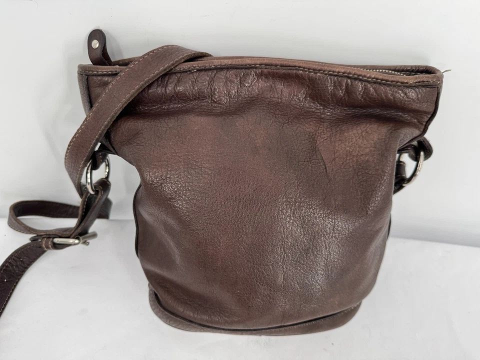 VTG ROOTS CANADA Brown Pebbled Leather Bucket Bag Crossbody Hobo Purse Handbag - Image 2 of 4