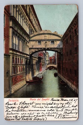 Italy VENICE Bridge of Sighs Canal Gondolas 1907 to Richmondville NY