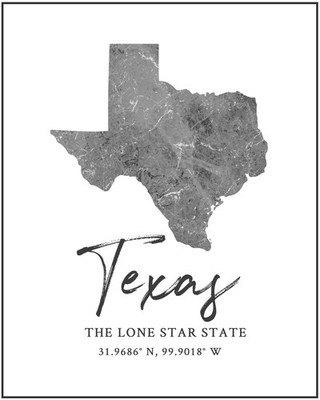 Texas State Map Wall Art Print - 8x10 Silhouette Decor Print with Coordinates. M