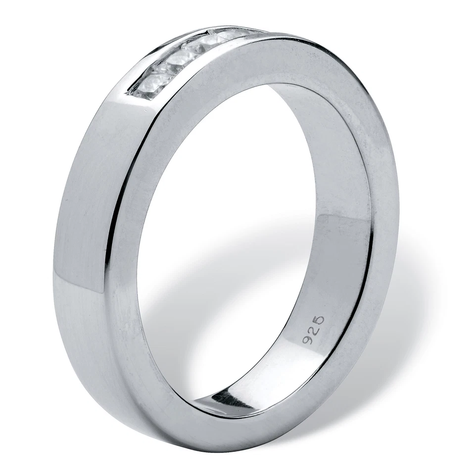 Hombre 1.85 Cttw. Alianza de boda de plata enchapada en platino con circonitas cúbicas talla esmeralda Foto 2 de 4