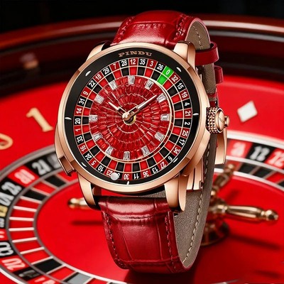 Montre Homme Emas Casino Roulette - Boîtier Acier Noir, Cadran Noir Et Rouge - Quartz - Étanche 100m - Neuf Avec étiquettes