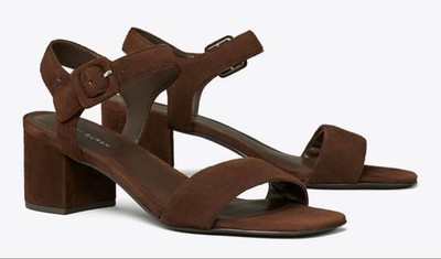 NWT Tory Burch Double T City Suede Heeled Sandals in 7 Dark Coco