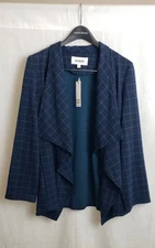 BB Dakota Sweater Cardigan Open Front Drape Navy Blue Green Checkered Large NWT
