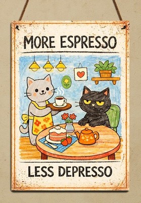 Lustiges Katzen Kaffee Blechschild ''Mehr Espresso weniger Depresso'' Vintage Cafe Wandbild