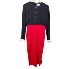 Rickie Freeman for Teri Jon Vintage Black Red Colorblock Wool Long Sleeve Dress