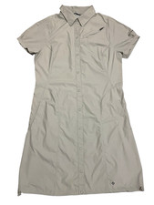 COLUMBIA Beige Gray Omni-Shade Shirt Dress Snap Button Pockets UPF Outdoors Sz L