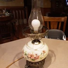 Vintage Hurricane Table Lamp Milk Glass Floral Lighting 19.5” tall, Brass Base