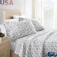 King 4 Piece 100 Cotton Flannel Deep Pocket Sheet Set Light Gray Botanical NEW