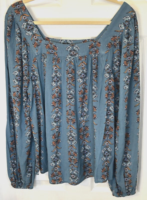 NEW Sonoma Blouse Women's Sz M Blue Floral Square Neck Peasant LS Boho Top NWT