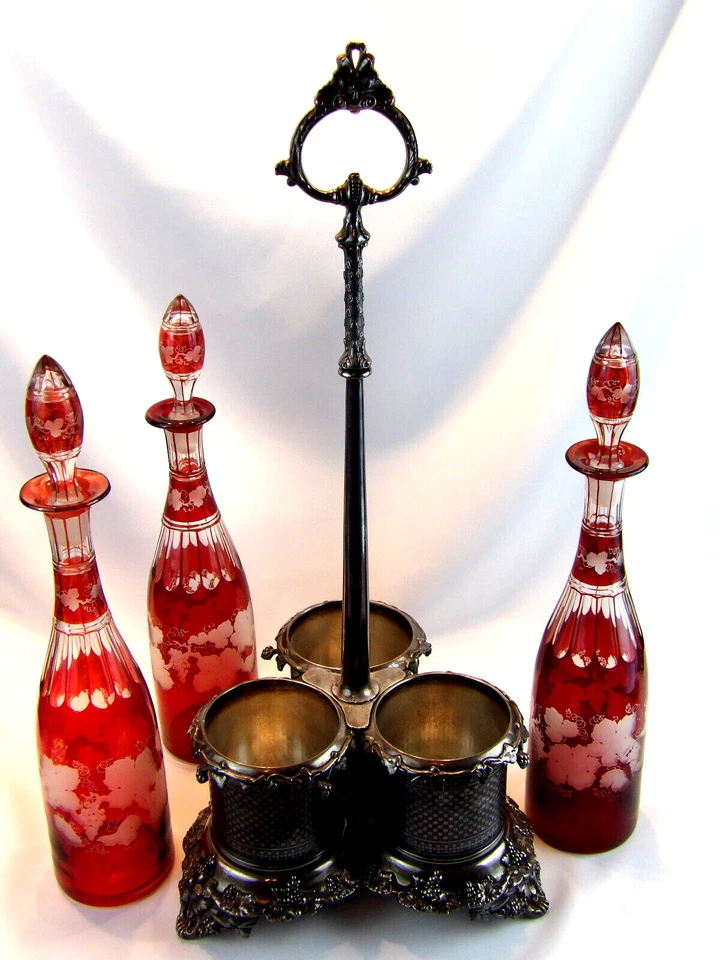 Victorian Art Glass Ruby Stained Triple Wine Decanter Set Silver Caddy c.1850 - Image 3 of 4