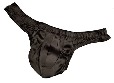 Men's Thong Underwear Sexy High Cut 100% Silk Satin Pouch with Stretch Knit Back