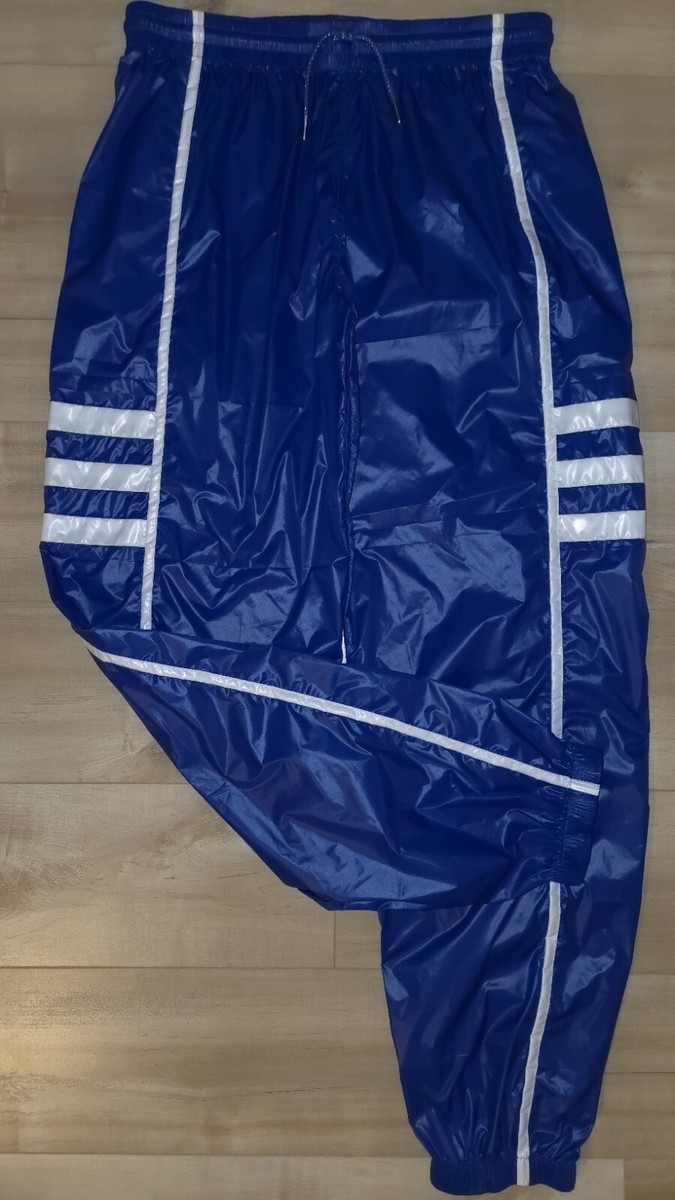 Shiny Blue Nylon Track Pants with White Trim & Stripes (Low Cut