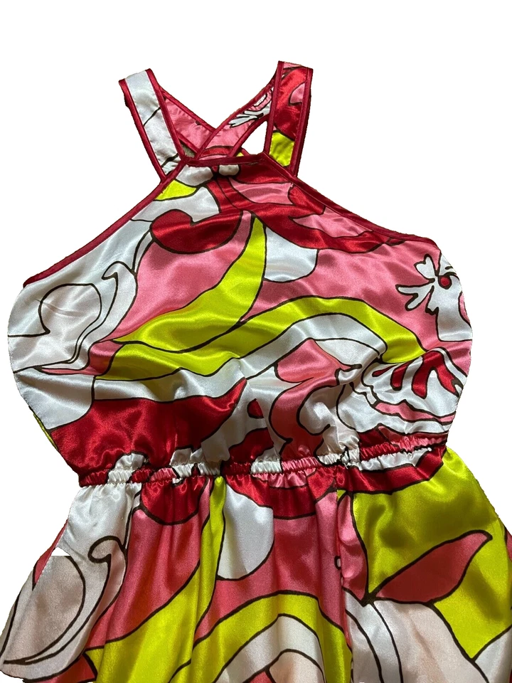 Maxi Vestido Formal Vintage Y2K 2000s XOXO Satinado Caleidoscopio Mod Halter Baile de graduación XS Foto 2 de 4