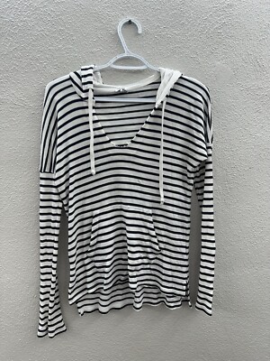Splendid Womens Shirt Size Small White Black Stripped Long Sleeve Hooded Thin
