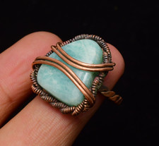 Amazonite Gemstone Copper Wire Wrapped Handmade Jewelry Ring Size 8