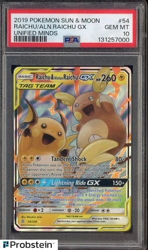 2019 Pokemon Sun & Moon Unified Minds #54 Raichu Alolan Raichu Gx PSA 10