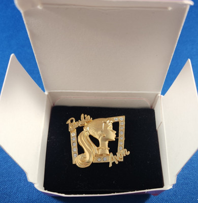 AVON 1998 Barbie Brooch Pin Loves Mattel Goldtone Crystal Accent Vintage