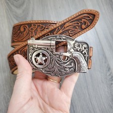 Justin Belt Youth 24 Brown Western Tooled Leather Revolver Buckle Made in USA