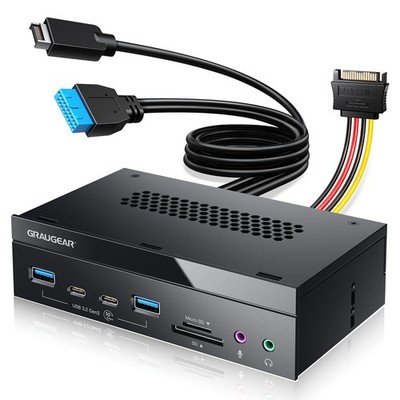 GRAUGEAR 5.25'' PC Front Panel USB Hub - 10Gbps USB-C Ports, Dual USB 3.0, SD/...