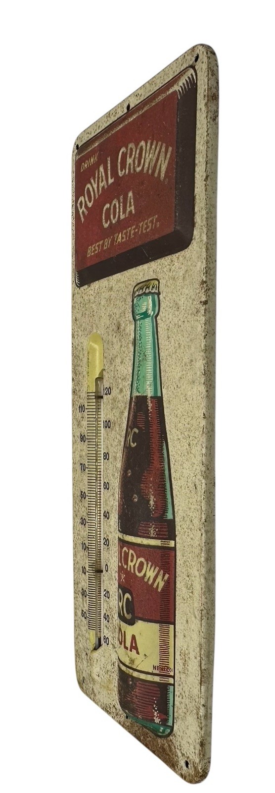 ORIGINAL ROYAL CROWN RC COLA ADVERTISING THERMOMETER SIGN RAISED BOTTLE