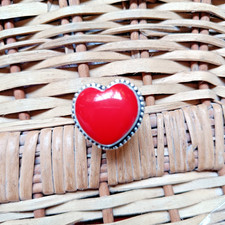 Natural Heart Red Coral Ring 925 Sterling Silver Handmade Jewelry Fift For Her