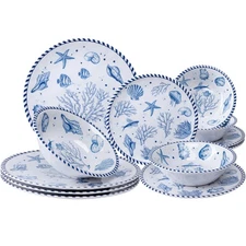 12-Piece Coastal Melamine Dinnerware Set Service for 4, Unbreakable & Lightwe...