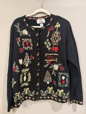 Vintage Tiara International Holiday Christmas Emrboidered Cardigan Tree Wreath