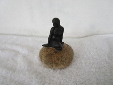 VINTAGE BLACK METAL NUDE MERMAID FIGURINE ON A ATTCHED BEACH ROCK 
