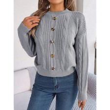 Cable-Knit Buttoned Round Neck Sweater