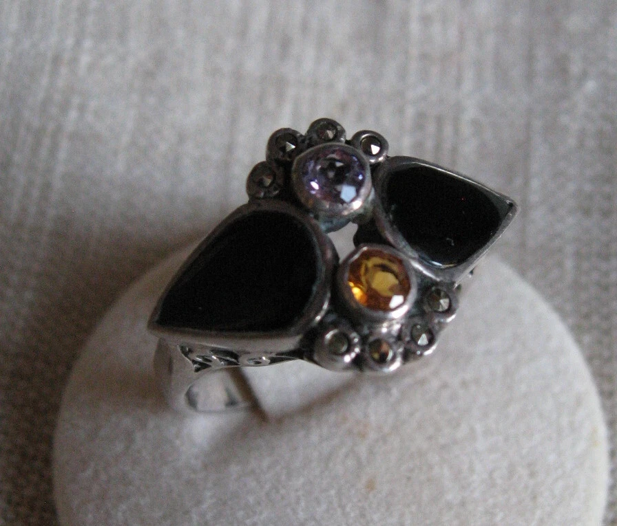 Anello Unisex In Pietra Nera Di Boemia E Cristallo Grigio AAA - Design Ovale Grande, Larghezza 38 Mm, Fatto A Mano, Vintage