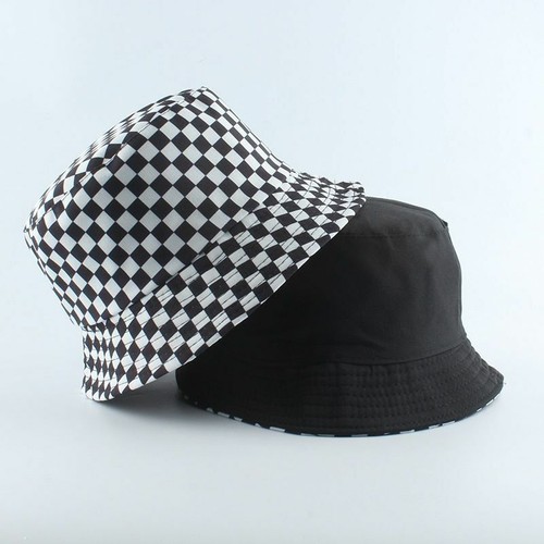 1pc Plaid Check Bucket Hats Black White Reversible Hat Unisex Headwear Accessori - Picture 8 of 20