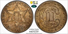 1858 three cent silver graded PCGS55 CAC with COLOR!!!