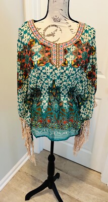 RARE, Vintage, Flying Tomato Women's Blouse Multicolor w Fringe, Size Large, EUC