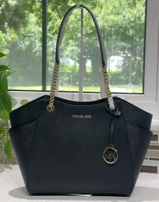 MICHAEL KORS JET SET TRAVEL LARGE CHAIN SHOULDER TOTE BAG MK BLACK LEATHER GOLD