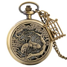 Retro Crane Animal Case Unisex Quartz Analog Pocket Watch Necklace Chain Gifts