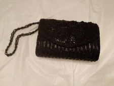 Purse Black Beaded Purse Clutch Formal Evening with Chain and Snap enclosure