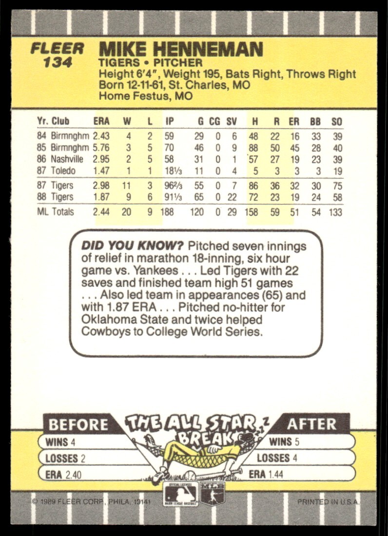 1989 Fleer Baseball Card Mike Henneman Detroit Tigers #134