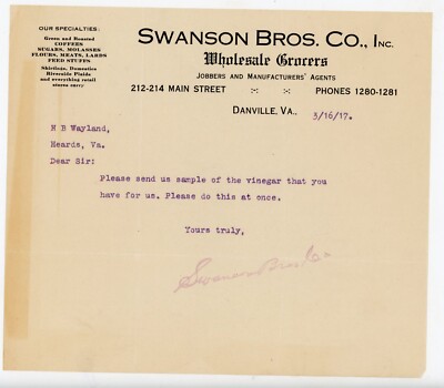 1917 Letterhead Swanson Bros. Co. Wholesale Grocers Vinegar Danville VA Virginia