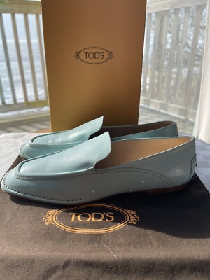 TOD S Women s Light Green/Blue Square Toe Leather Moccasins EU39/US8.5M $775