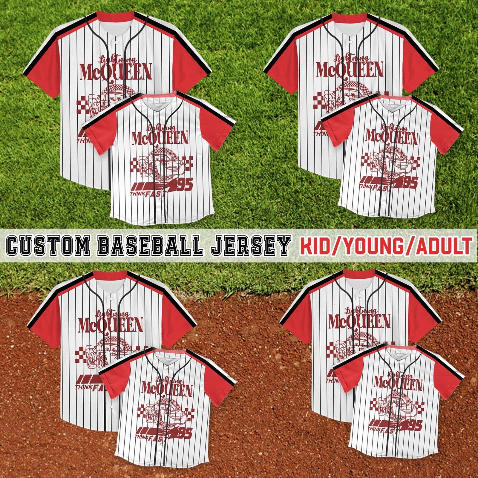 Vintage Lightning McQueen Cars Baseball Jersey for Kids and Adults  