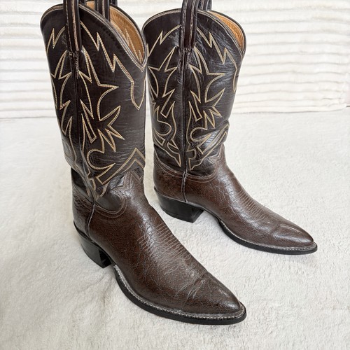 Vintage Tony Lama Western Brown Caribou Exotic Leather Cowboy Boots Men's Sz 9 - Image 1