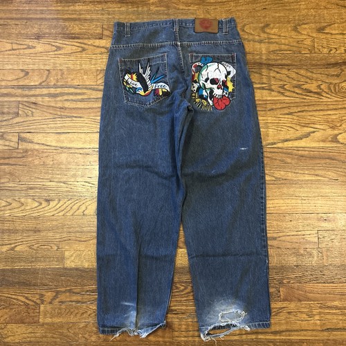 Vtg Y2K Ed Hardy Blue Skull Live Free Denim Jeans Baggy 34X31 Broken Zipper