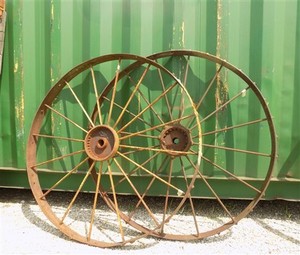 2 Cast Iron Implement Wheels, Wagon Wheel, Tractor Steel Rims, Industrial Age A,