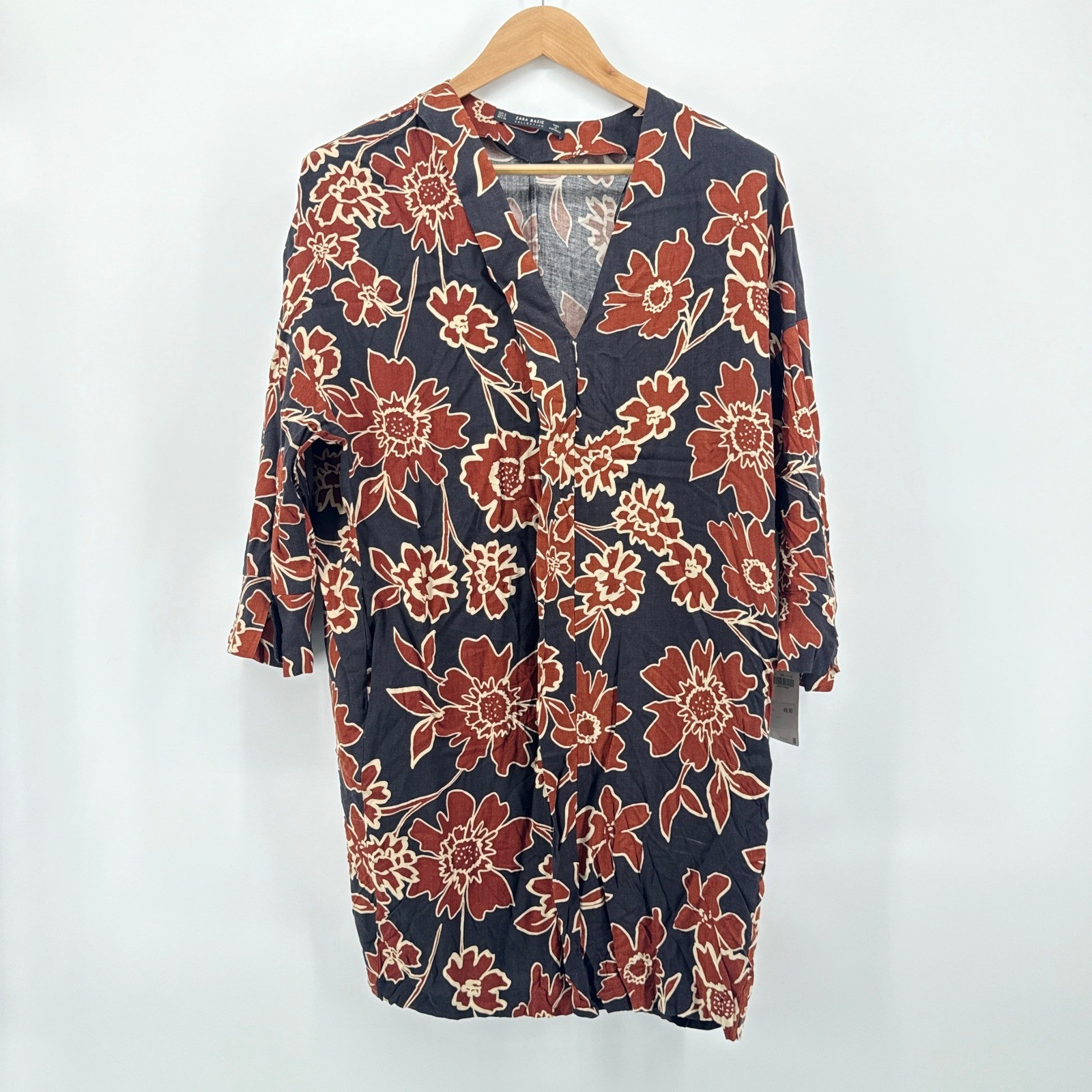 NWT Zara Basic Collection Womens Black Rust Floral 3/4 Sleeve V Neck Dress Small