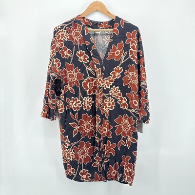 NWT Zara Basic Collection Womens Black Rust Floral 3/4 Sleeve V Neck Dress Small
