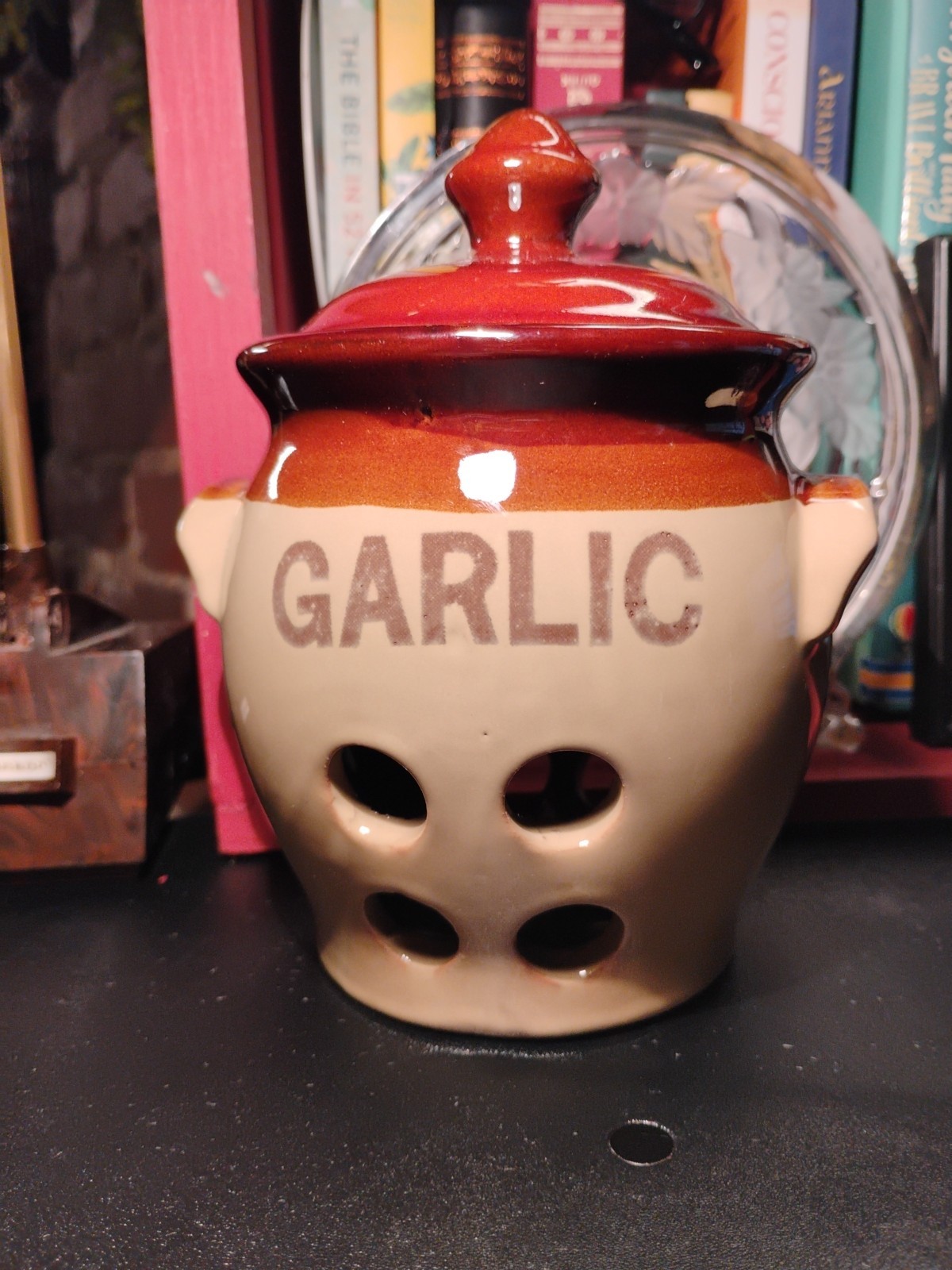 Vintage 1970s Ceramic Garlic Keeper Jar with Lid Brown Drip Glaze