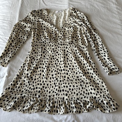 Mango MNG Animal Print Minikleid elfenbein schwarz mit Ballonärmeln - Gr. L UK 12