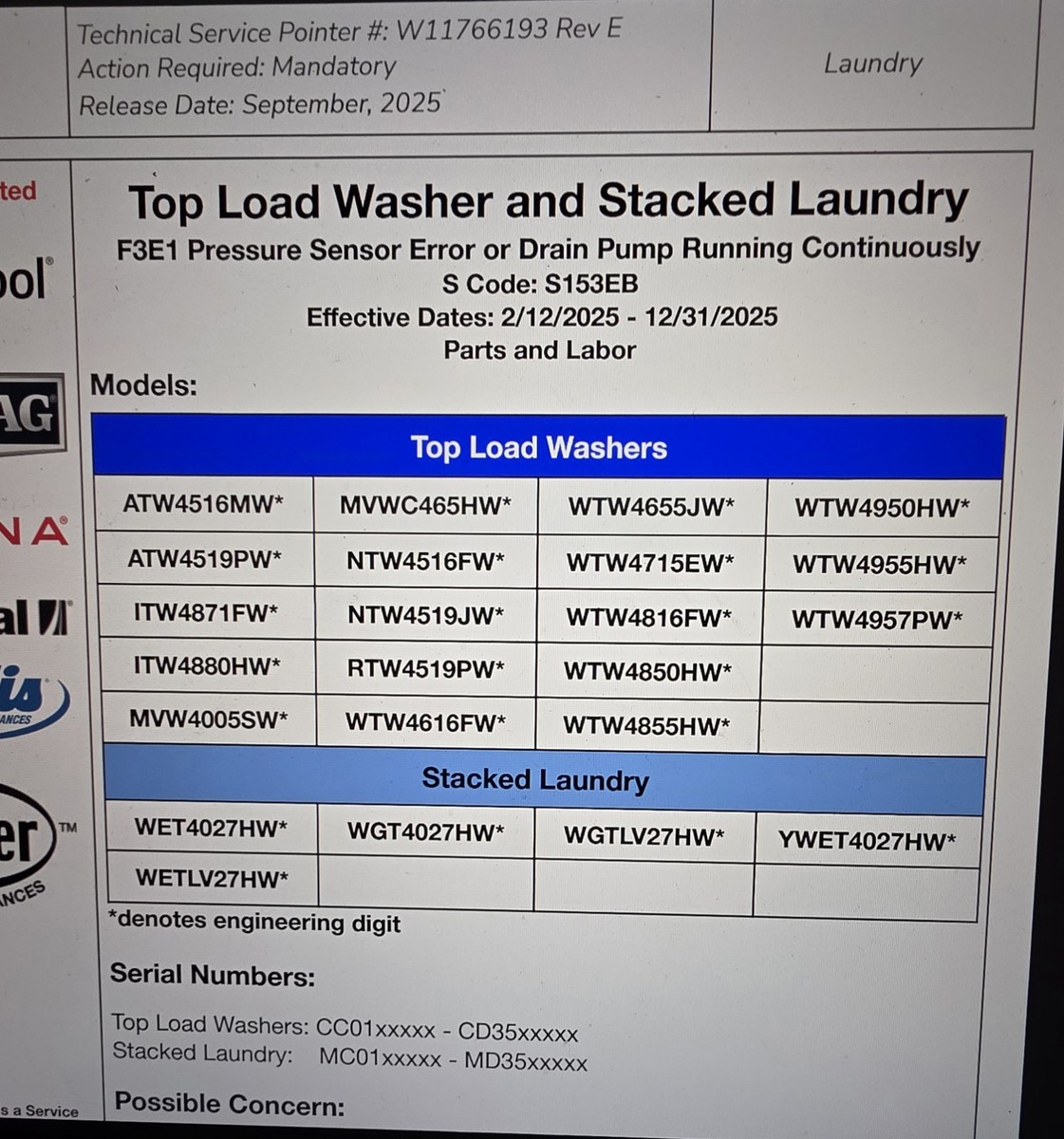 REPAIR SERVICE W11607637 Whirlpool Amana Maytag Washer board READ