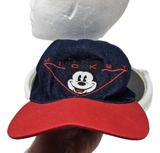 Vintage Mickey  Co Hat Cap Strap Back Denim Red Youth Disney Embroidered 90s
